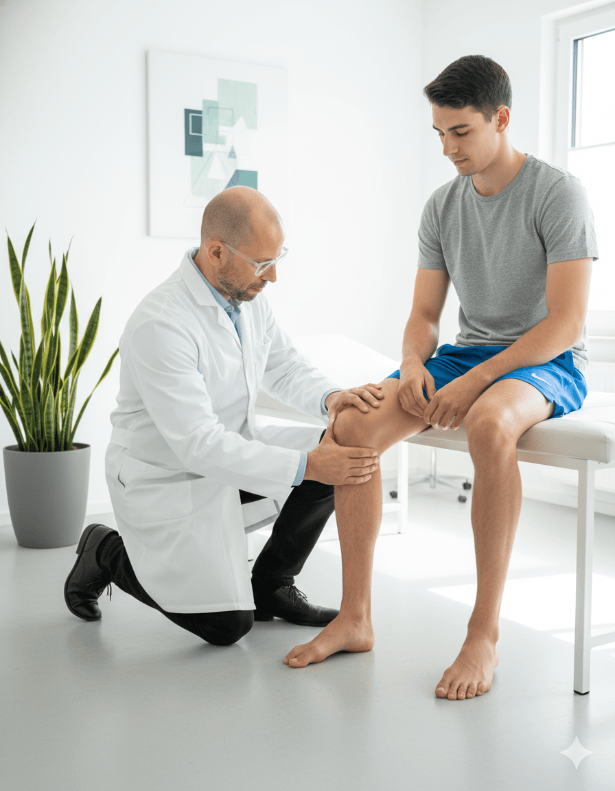 Dr. Lukas untersucht das Knie eines Sportlers